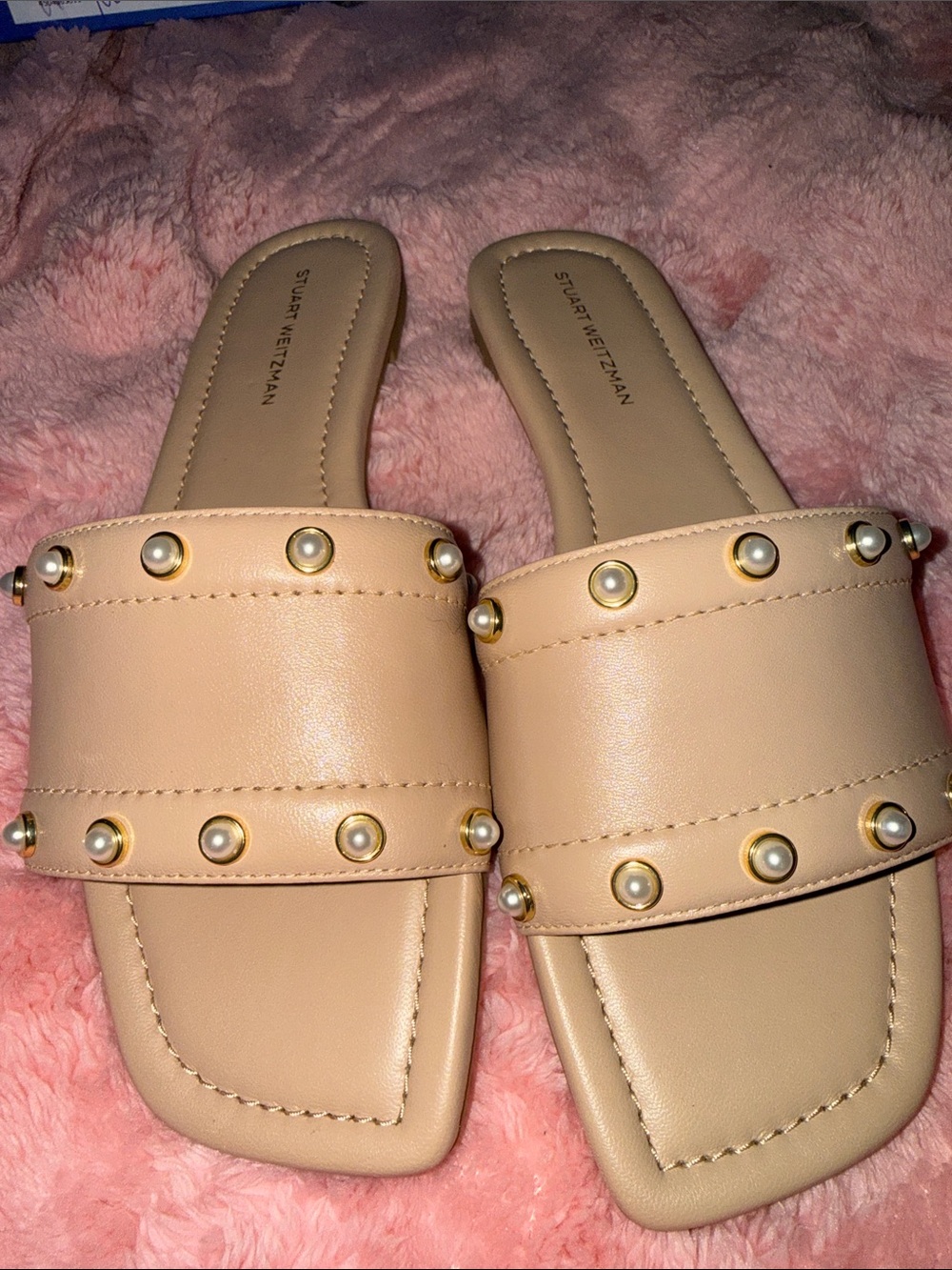 Stuart Weitzman Nude Pearl-Stud Slide Mules